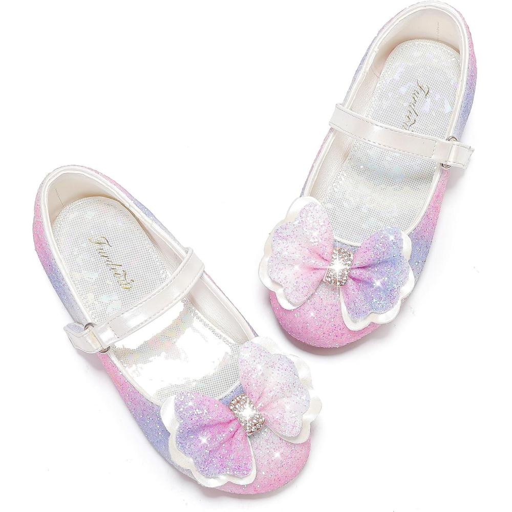imageFurdeour Girls Dress Shoes Mary Jane Flower Wedding Party Bridesmaids Shoes Glitter Princess Ballet Flats for Kid ToddlerStarry Purple