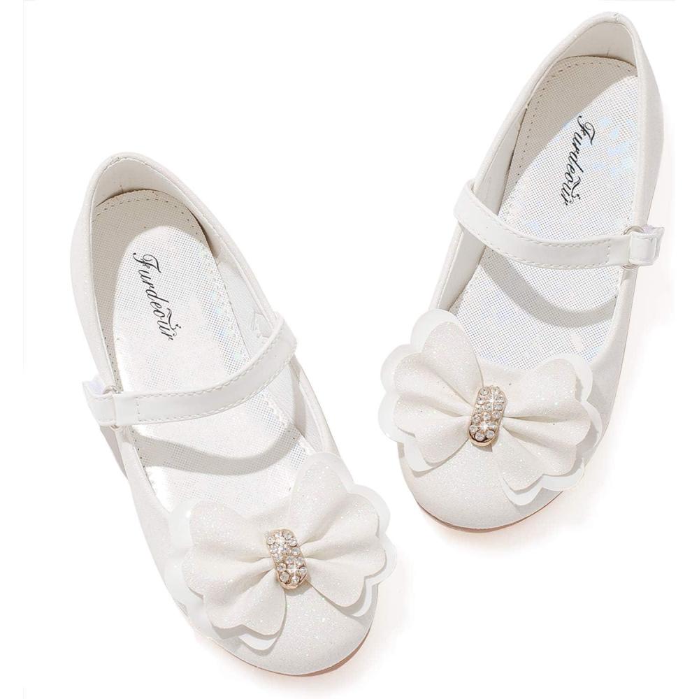 imageFurdeour Girls Dress Shoes Mary Jane Flower Wedding Party Bridesmaids Shoes Glitter Princess Ballet Flats for Kid ToddlerWhite