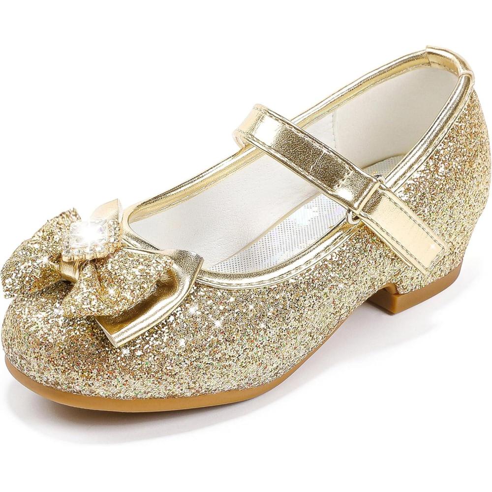 imageFurdeour Girls Dress Shoes Mary Jane Wedding Flower Bridesmaids Heels Glitter Princess Shoes for Kids ToddlerGold