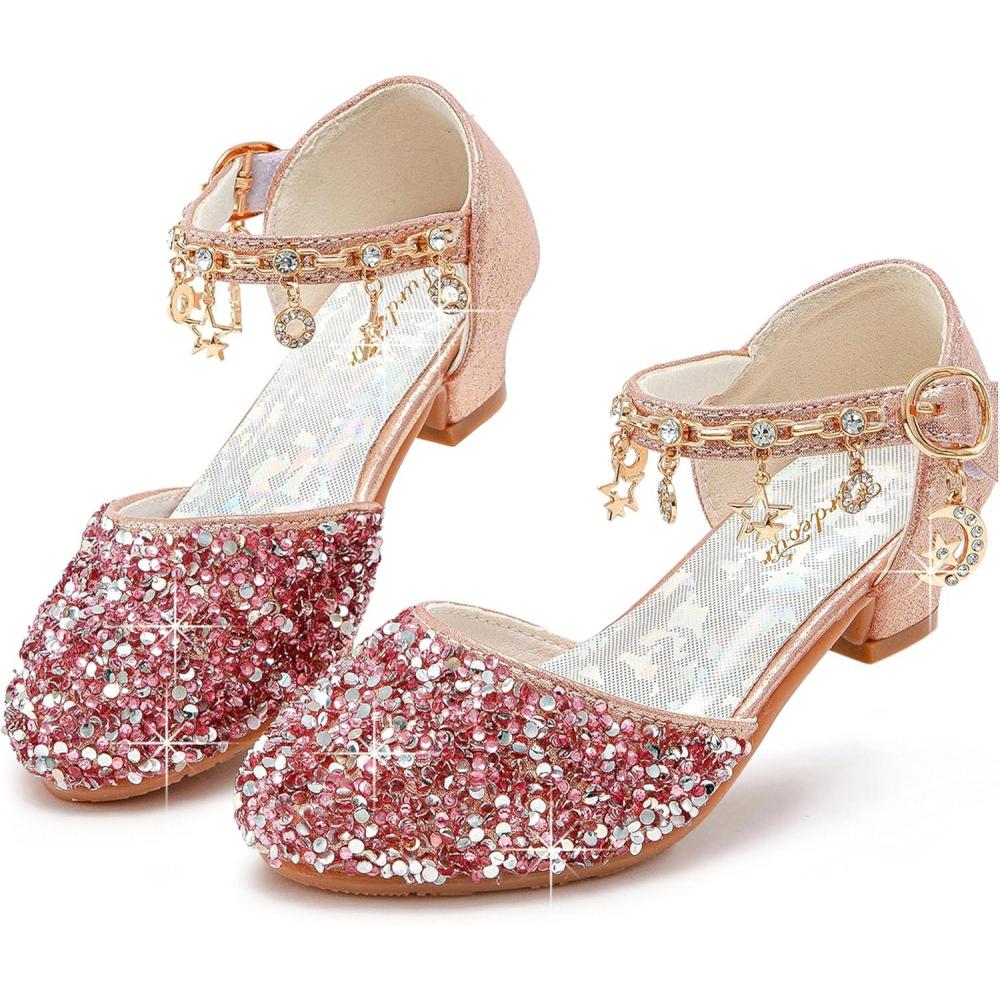 imageFurdeour Girls Dress Shoes Princess Crystal High Heels Closed Toe Party Wedding Flower Girls Shoes Toddler Little Big KidPinksequins