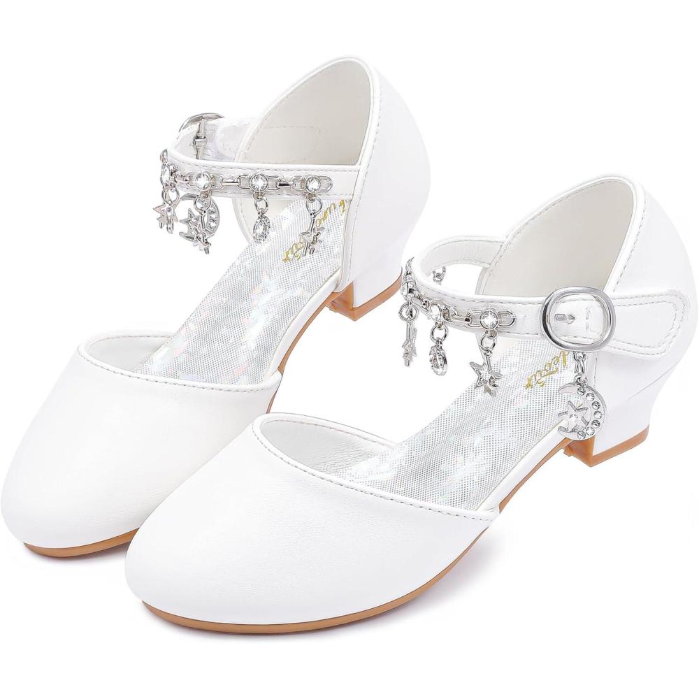 imageFurdeour Girls Dress Shoes Princess Crystal High Heels Closed Toe Party Wedding Flower Girls Shoes Toddler Little Big KidPuwhite