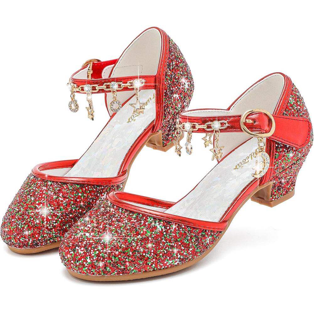 imageFurdeour Girls Dress Shoes Princess Crystal High Heels Closed Toe Party Wedding Flower Girls Shoes Toddler Little Big KidRedchristmas