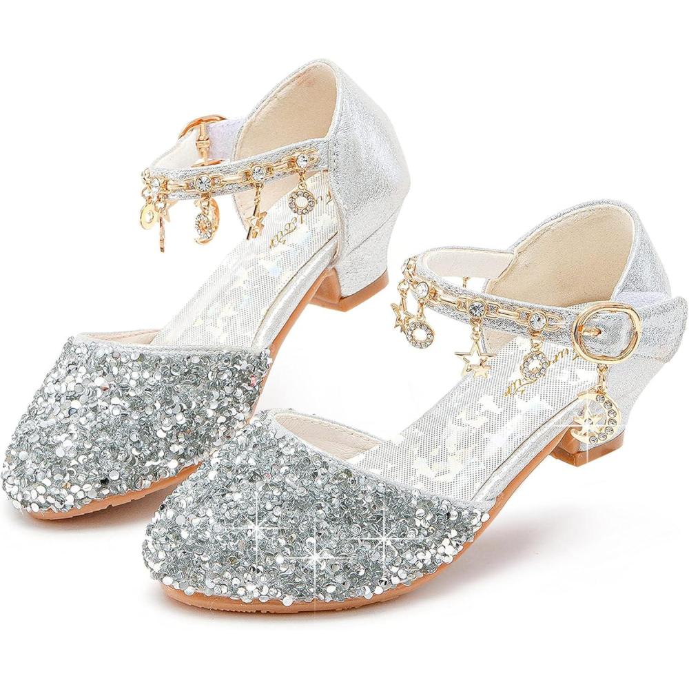 imageFurdeour Girls Dress Shoes Princess Crystal High Heels Closed Toe Party Wedding Flower Girls Shoes Toddler Little Big KidSilversequins