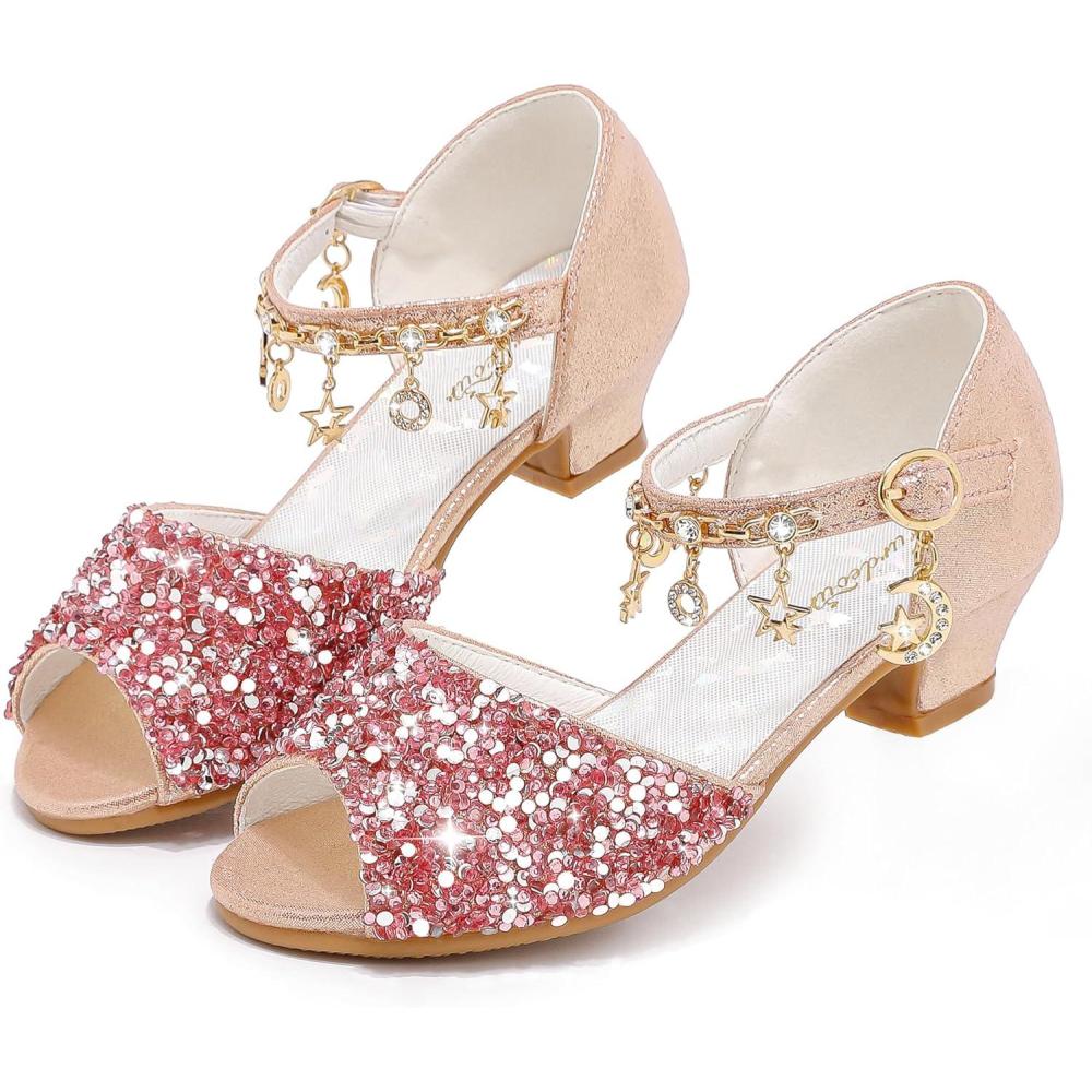imageFurdeour Sparkly Girls Dress Shoes Princess Shoes High Heels Peep Toe Low Heel Glitter Toddler Big Kid Wedding PartyPinksequins