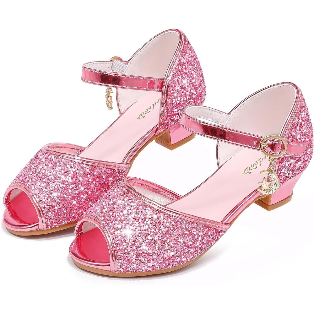 imageFurdeour Sparkly Girls Dress Shoes Princess Shoes High Heels Peep Toe Low Heel Glitter Toddler Big Kid Wedding PartyShiny Pink