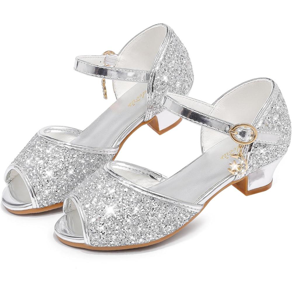 imageFurdeour Sparkly Girls Dress Shoes Princess Shoes High Heels Peep Toe Low Heel Glitter Toddler Big Kid Wedding PartyShiny Silver