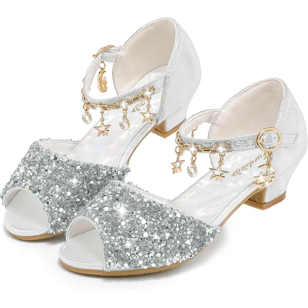 imageFurdeour Sparkly Girls Dress Shoes Princess Shoes High Heels Peep Toe Low Heel Glitter Toddler Big Kid Wedding PartySilversequins
