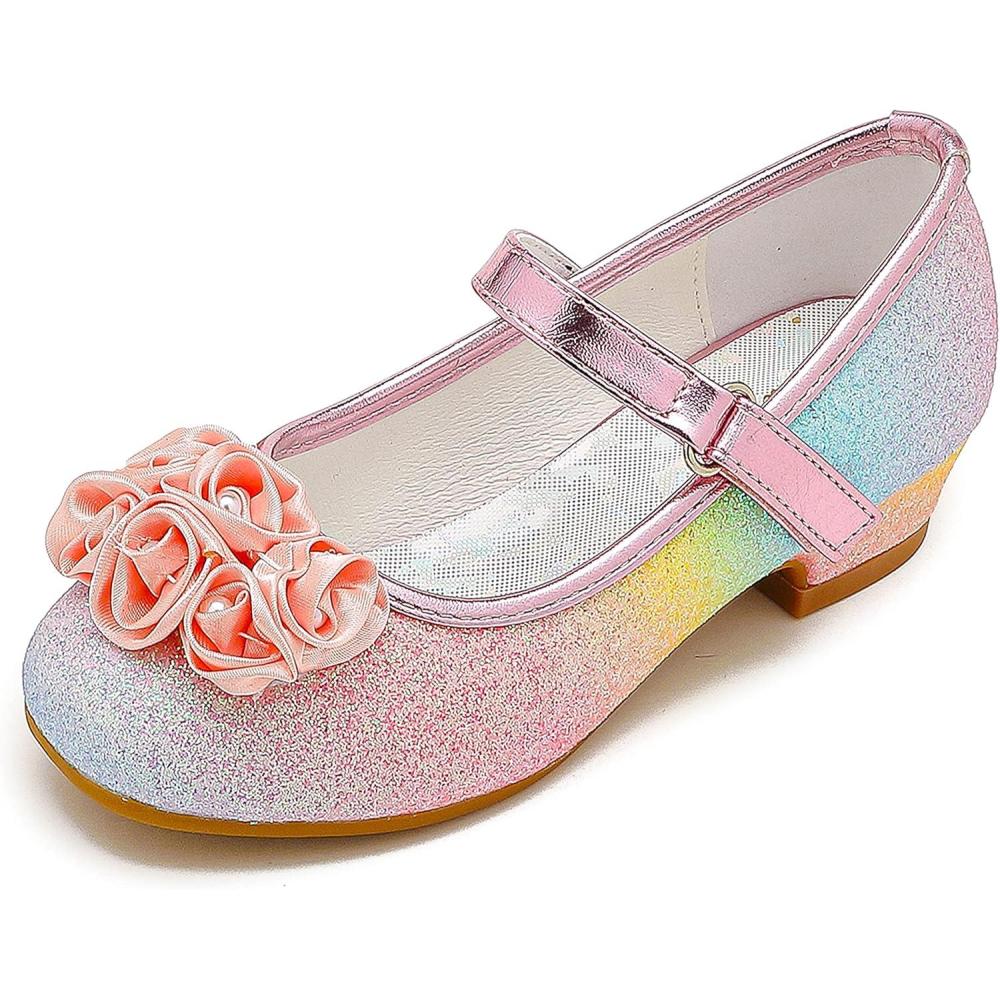 imageFurdeour Toddler Girls Mary Janes Shoes Low Heel Ballet Flats Wedding Party Dress Shoes for KidsFloral Rainbow