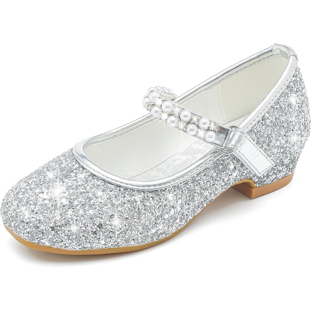 imageFurdeour Toddler Girls Mary Janes Shoes Low Heel Ballet Flats Wedding Party Dress Shoes for KidsSequins Silver