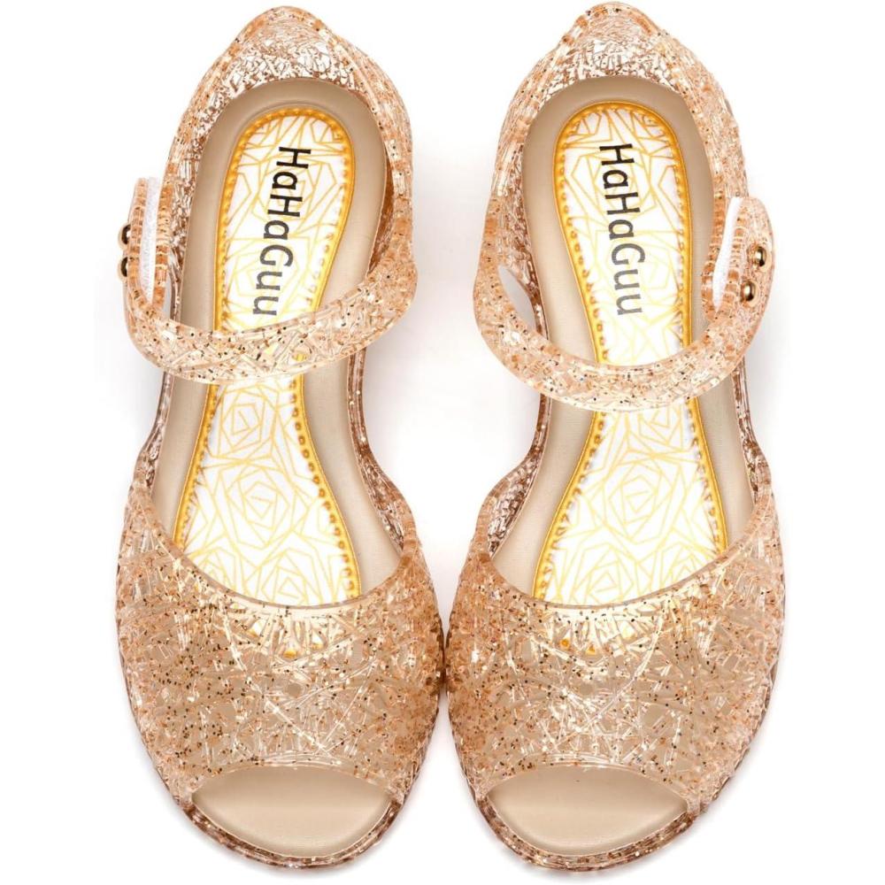 imagePrincess Jelly Flats Shoes Girls Birthday Party Heels Snow Queen Cosplay Costumes Dress Up Sandals for Toddler Little Girls Big KidsOpentoeGold