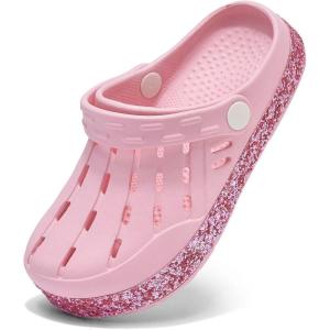 Cubufly Kids Garden Shoes Boys Girls Glitter Stripe Band Clogs Toddler Slip On Water Sandals Children Beach Pool Slipper(Pink)