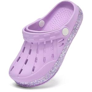 Cubufly Kids Garden Shoes Boys Girls Glitter Stripe Band Clogs Toddler Slip On Water Sandals Children Beach Pool Slipper(Purple)