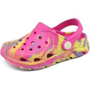 Cubufly Toddler Kids Clogs Garden Shoes for Boys Girls Marbled Tie Dye Water Shoes Slip on Sandals(Rosered/Yellow)