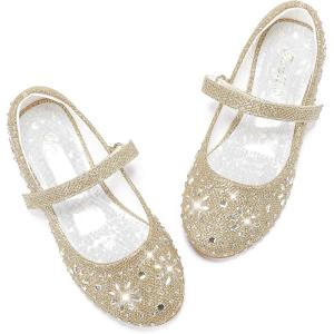 Furdeour Girls Dress Shoes Mary Jane Flower Wedding Party Bridesmaids Shoes Glitter Princess Ballet Flats for Kid Toddler(19-gold)