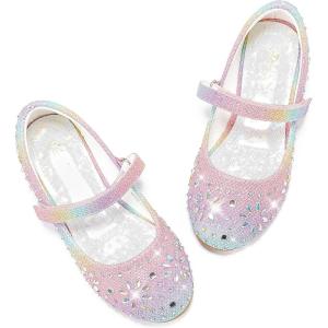 Furdeour Girls Dress Shoes Mary Jane Flower Wedding Party Bridesmaids Shoes Glitter Princess Ballet Flats for Kid Toddler(19-rainbow)