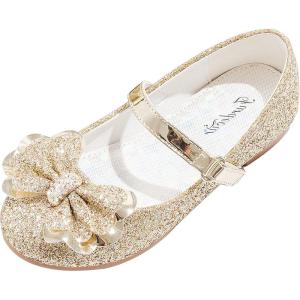 Furdeour Girls Dress Shoes Mary Jane Flower Wedding Party Bridesmaids Shoes Glitter Princess Ballet Flats for Kid Toddler(Gold)