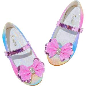 Furdeour Girls Dress Shoes Mary Jane Flower Wedding Party Bridesmaids Shoes Glitter Princess Ballet Flats for Kid Toddler(Rainbow)