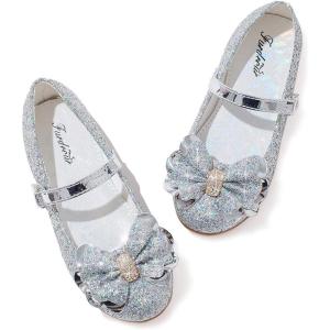 Furdeour Girls Dress Shoes Mary Jane Flower Wedding Party Bridesmaids Shoes Glitter Princess Ballet Flats for Kid Toddler(Silver)
