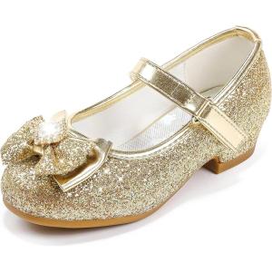 Furdeour Girls Dress Shoes Mary Jane Wedding Flower Bridesmaids Heels Glitter Princess Shoes for Kids Toddler(Gold)