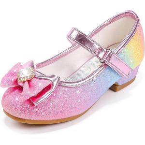 Furdeour Girls Dress Shoes Mary Jane Wedding Flower Bridesmaids Heels Glitter Princess Shoes for Kids Toddler(Rainbow)
