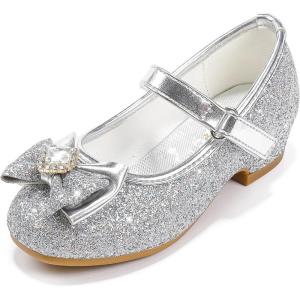Furdeour Girls Dress Shoes Mary Jane Wedding Flower Bridesmaids Heels Glitter Princess Shoes for Kids Toddler(Silver)