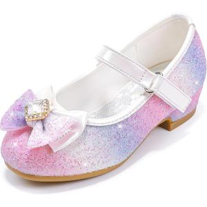 Furdeour Girls Dress Shoes Mary Jane Wedding Flower Bridesmaids Heels Glitter Princess Shoes for Kids Toddler(Starry Purple)