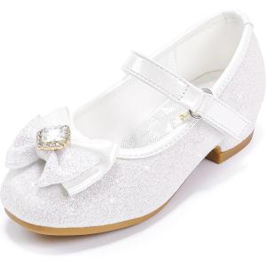 Furdeour Girls Dress Shoes Mary Jane Wedding Flower Bridesmaids Heels Glitter Princess Shoes for Kids Toddler(White)