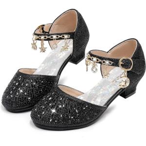 Furdeour Girls Dress Shoes Princess Crystal High Heels Closed Toe Party Wedding Flower Girls Shoes Toddler Little Big Kid(Black)