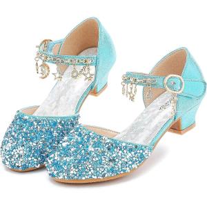 Furdeour Girls Dress Shoes Princess Crystal High Heels Closed Toe Party Wedding Flower Girls Shoes Toddler Little Big Kid(Bluesequins)