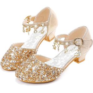 Furdeour Girls Dress Shoes Princess Crystal High Heels Closed Toe Party Wedding Flower Girls Shoes Toddler Little Big Kid(Champagnesequins)