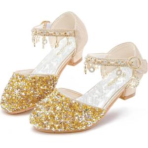 Furdeour Girls Dress Shoes Princess Crystal High Heels Closed Toe Party Wedding Flower Girls Shoes Toddler Little Big Kid(Goldsequins)