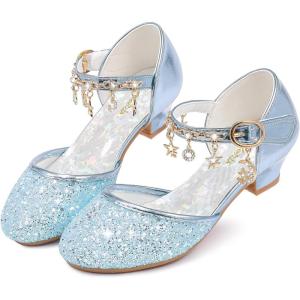 Furdeour Girls Dress Shoes Princess Crystal High Heels Closed Toe Party Wedding Flower Girls Shoes Toddler Little Big Kid(Lightblue)