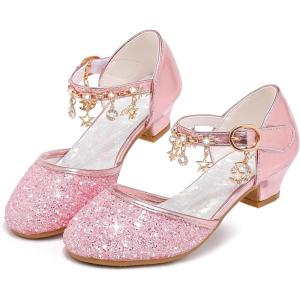 Furdeour Girls Dress Shoes Princess Crystal High Heels Closed Toe Party Wedding Flower Girls Shoes Toddler Little Big Kid(Pinkbrilliant)