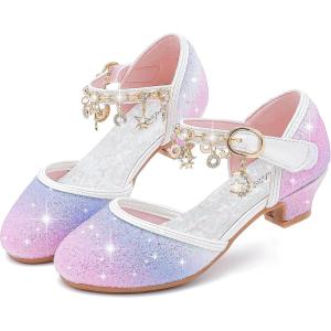 Furdeour Girls Dress Shoes Princess Crystal High Heels Closed Toe Party Wedding Flower Girls Shoes Toddler Little Big Kid(Purplestarry)