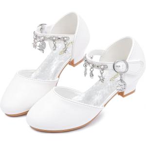 Furdeour Girls Dress Shoes Princess Crystal High Heels Closed Toe Party Wedding Flower Girls Shoes Toddler Little Big Kid(Puwhite)