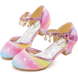 Furdeour Girls Dress Shoes Princess Crystal High Heels Closed Toe Party Wedding Flower Girls Shoes Toddler Little Big Kid(Rainbowpendant)