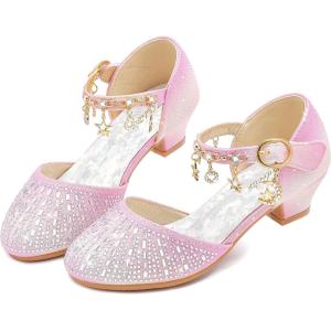 Furdeour Girls Dress Shoes Princess Crystal High Heels Closed Toe Party Wedding Flower Girls Shoes Toddler Little Big Kid(Rhinestone Pink)