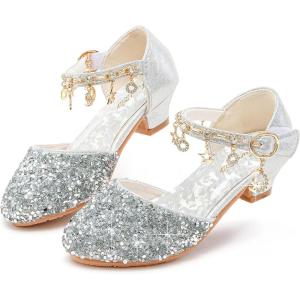 Furdeour Girls Dress Shoes Princess Crystal High Heels Closed Toe Party Wedding Flower Girls Shoes Toddler Little Big Kid(Silversequins)