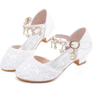 Furdeour Girls Dress Shoes Princess Crystal High Heels Closed Toe Party Wedding Flower Girls Shoes Toddler Little Big Kid(Whitesequins)