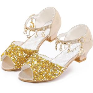 Furdeour Sparkly Girls Dress Shoes Princess Shoes High Heels Peep Toe Low Heel Glitter Toddler Big Kid Wedding Party(Goldsequins)