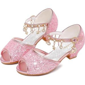 Furdeour Sparkly Girls Dress Shoes Princess Shoes High Heels Peep Toe Low Heel Glitter Toddler Big Kid Wedding Party(Pink Brilliant)