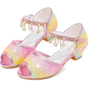 Furdeour Sparkly Girls Dress Shoes Princess Shoes High Heels Peep Toe Low Heel Glitter Toddler Big Kid Wedding Party(Rainbow)