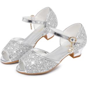 Furdeour Sparkly Girls Dress Shoes Princess Shoes High Heels Peep Toe Low Heel Glitter Toddler Big Kid Wedding Party(Shiny Silver)