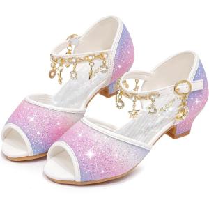Furdeour Sparkly Girls Dress Shoes Princess Shoes High Heels Peep Toe Low Heel Glitter Toddler Big Kid Wedding Party(Starry Purple)