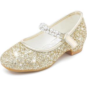 Furdeour Toddler Girls Mary Janes Shoes Low Heel Ballet Flats Wedding Party Dress Shoes for Kids(Sequins Gold)