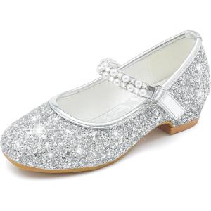 Furdeour Toddler Girls Mary Janes Shoes Low Heel Ballet Flats Wedding Party Dress Shoes for Kids(Sequins Silver)