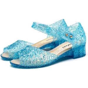 Princess Jelly Flats Shoes Girls Birthday Party Heels Snow Queen Cosplay Costumes Dress Up Sandals for Toddler Little Girls Big Kids(Open-toe/Blue)