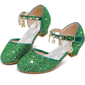 Furdeour Girls Dress Shoes Princess Crystal High Heels Closed Toe Party Wedding Flower Girls Shoes Toddler Little Big Kid(Green)