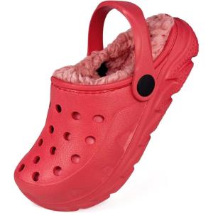 Kids Fur Lined Clog Slip On Winter Slipper for Boys Girls(A_red Lined)