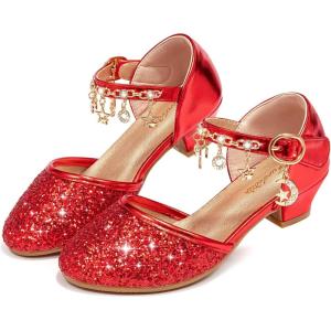 Furdeour Girls Dress Shoes Princess Crystal High Heels Closed Toe Party Wedding Flower Girls Shoes Toddler Little Big Kid(Red)